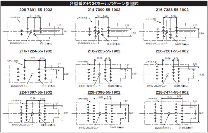 各型番のPCBホールパターン参照図